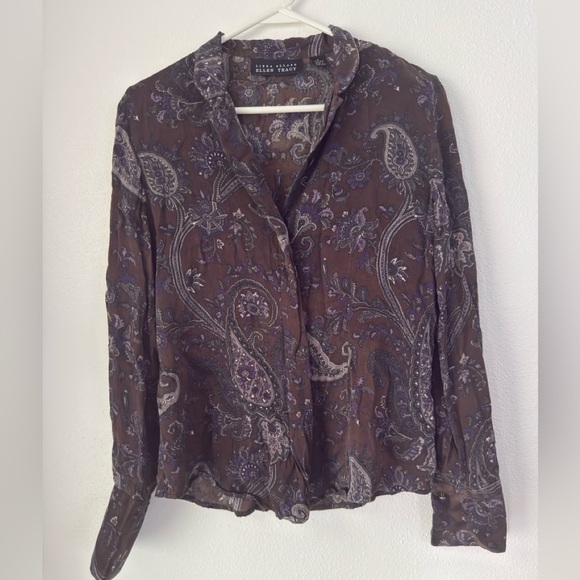 ELLEN TRACY Silk Paisley Blouse Womens 4 Brown Hidden Buttons French Cuffs - Picture 1 of 11